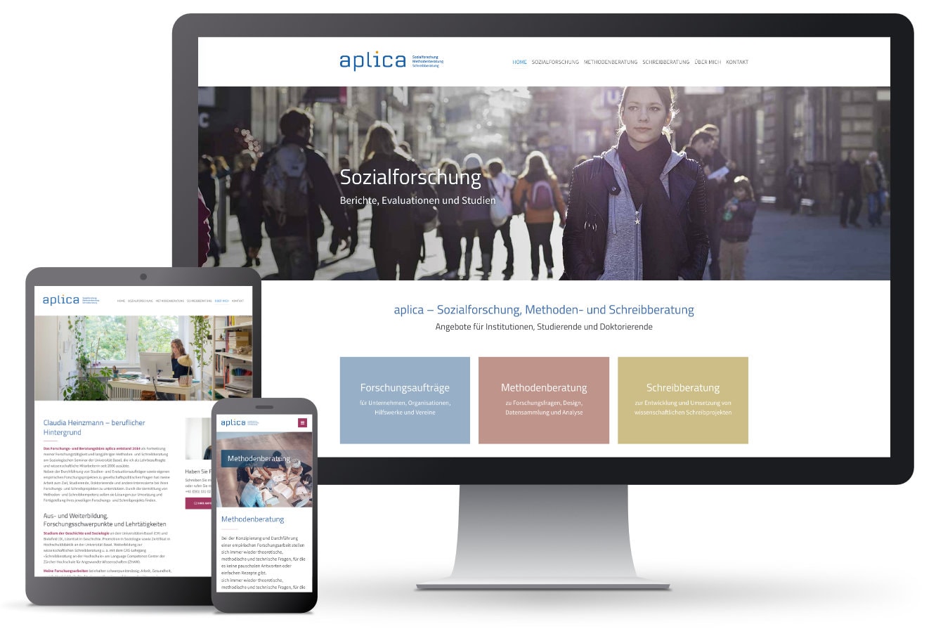 Beispiel für Webauftritt für Aplica Sozialforschung in Smartphone- und Desktop-Ansicht
